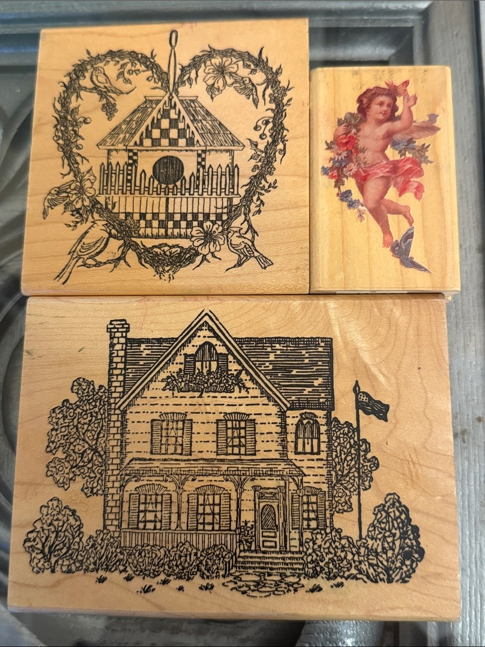 Vintage 1995 Hampton Wooden Rubber Stamps Homes Cupid Cozy Cottage Card Making
